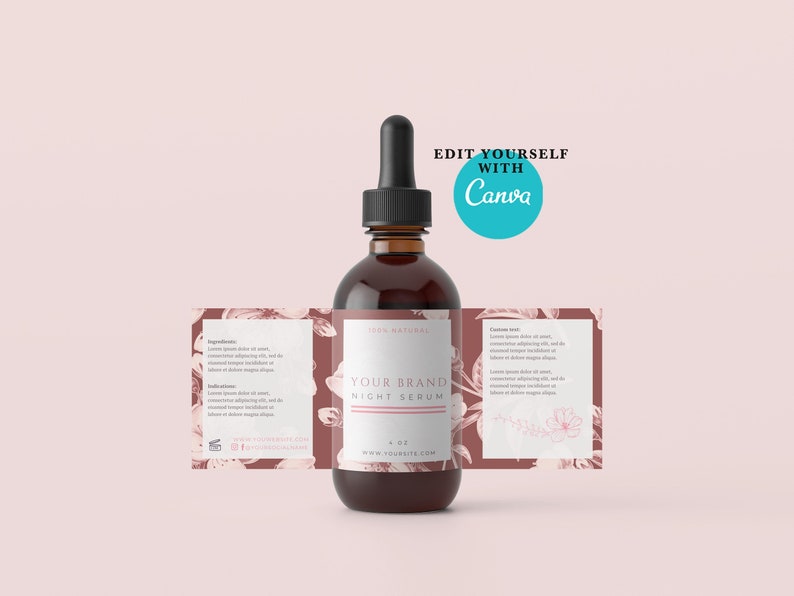 May include: A brown glass bottle with a black dropper top and a label that says "YOUR BRAND NIGHT SERUM" with a floral design. The label also says "100% NATURAL" and "4 OZ".
