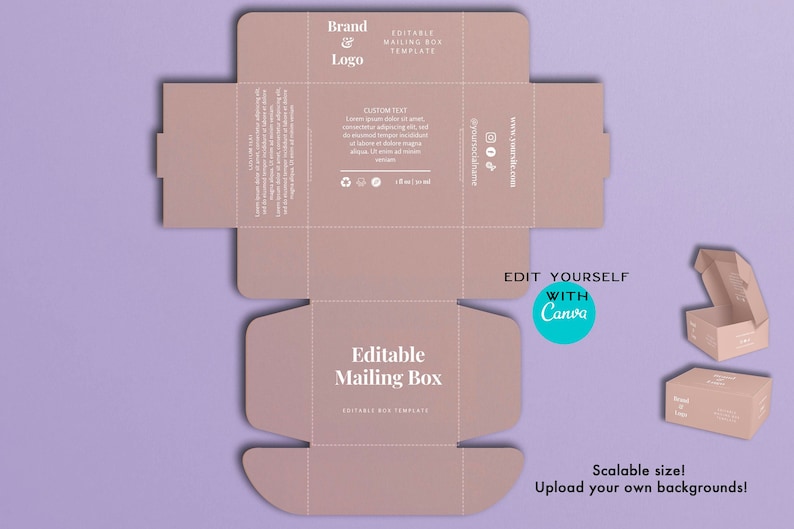 May include: Editable mailing box template with a pink background. The box is designed to be customized with a brand logo, text, and social media information. The text on the box reads "Editable Mailing Box" and "Edit Yourself with Canva".