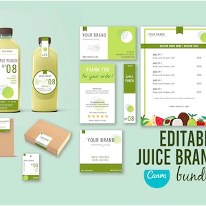 Afdrukbare Juice branding kit BUNDLE.Flesetiketten sjabloon voor sap en drank, Bewerkbare labels 4oz, 12 oz, 16 oz, Bewerkbaar sapmenu
