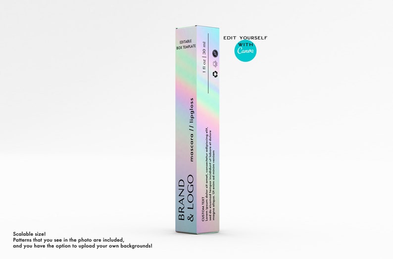 May include: A vertical, rectangular box with a holographic, iridescent finish. The box is labeled "mascara // lipgloss" and "1 fl oz | 30 ml." Text on the box includes "BRAND & LOGO" and "EDIT YOURSELF WITH Canva."