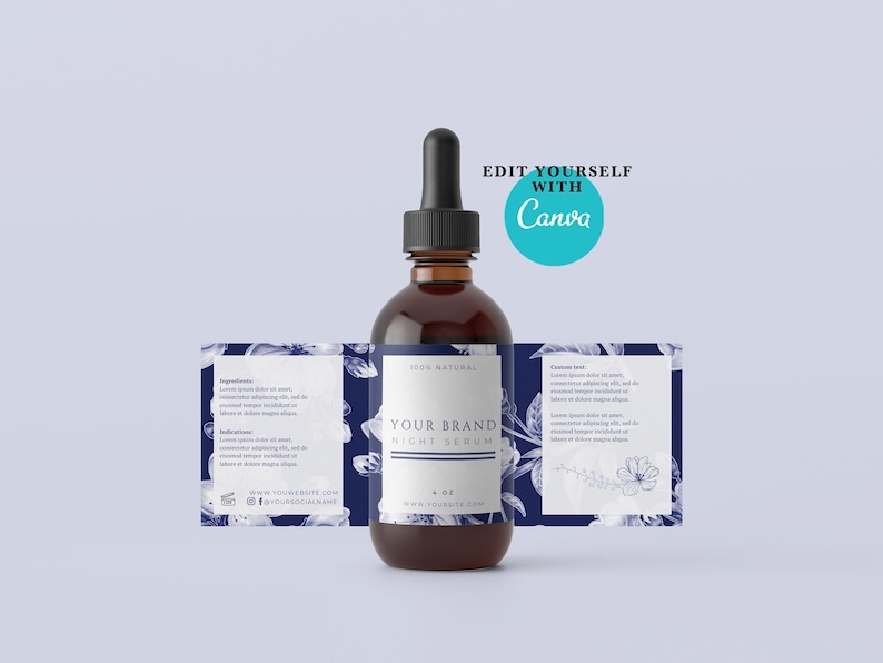 May include: A brown glass bottle with a dropper top and a white label that says "Your Brand Night Serum" with a floral design. The label also says "100% Natural" and "4 oz".