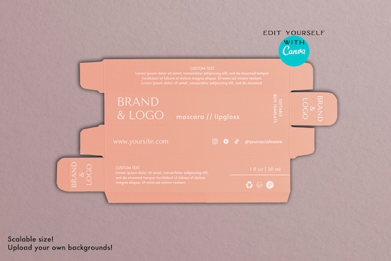 Editable lipgloss or mascara box design.Custom beauty product packaging box.Printable product box package.Lip balm boxes template