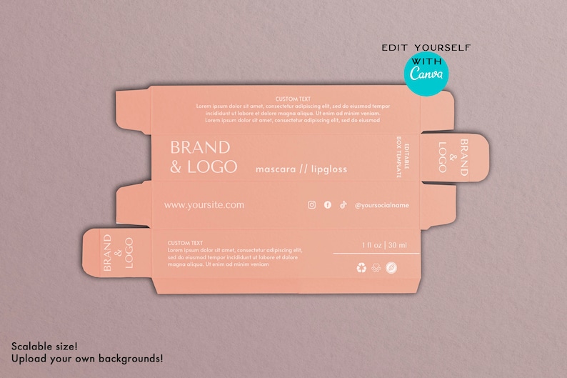 May include: A flat, unfolded peach-colored box template for mascara or lip gloss. The design includes areas for a brand logo, website, social media handles, and custom text. The text "EDIT YOURSELF WITH Canva" is visible.