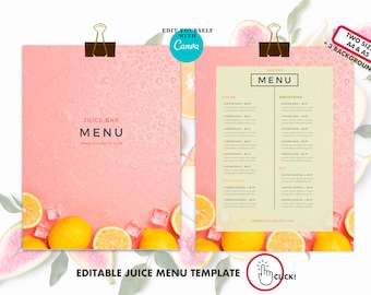 Editable Fresh pressed juicing digital menu Template for juicery. Juice business branding.Printable juice shop bar menu design price list.