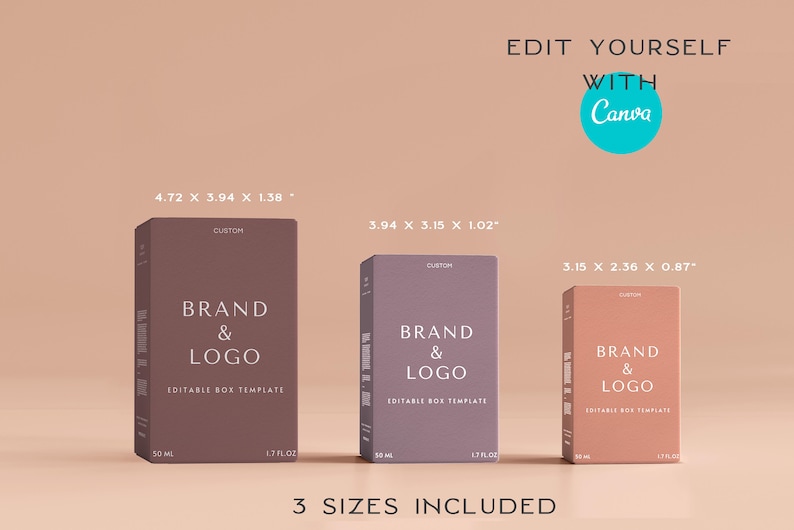 Op de afbeelding: Drie verschillende maten aanpasbare dozen met de tekst "BRAND & LOGO" en "EDITABLE BOX TEMPLATE". De dozen zijn bruin, paars en roze. De afmetingen van de dozen worden in inches weergegeven.