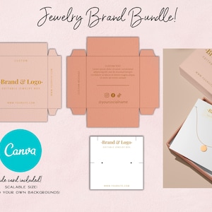 Custom jewelry packaging box and display card Canva template bundle.Printable jewellery gift box with logo branding set.Editable package.