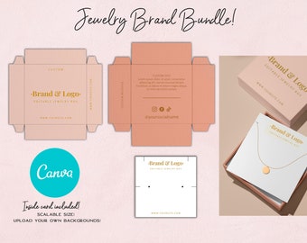 May include: A pink jewelry box mockup with the text "Brand & Logo - Editable Jewelry Box" and a gold outline. The box is open and a white card with the same text is inside. The card has two small holes for earrings. The box is on a pink background.
