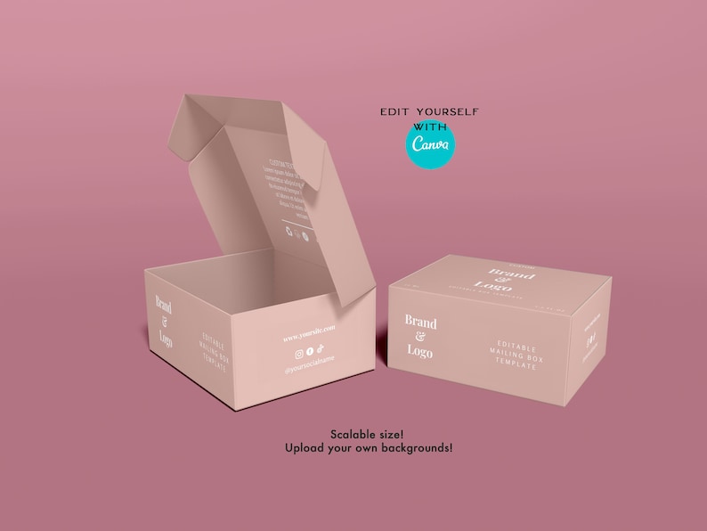 May include: Two pink boxes with the text "Brand & Logo" and "Editable Mailing Box Template" on them. The box on the left is open and the box on the right is closed. The boxes are on a pink background.