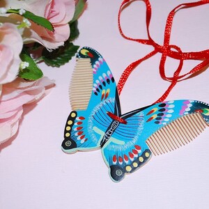 Blue Wood Butterfly Comb, Multi Color Hand Craft, Hand Painted Hair Comb, Great Gift