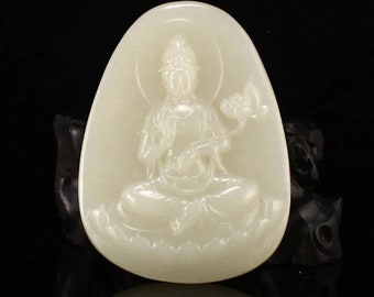 Natural Hetian Jade Lotus Kwan-yin Pendant with Certificate, Highly Collectible Grade A Hand-Carved Lucky Amulet Chic Gift High Quality NEW