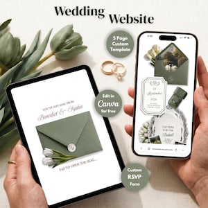 Könnte beinhalten: Eine digitale Hochzeitswebsite-Vorlage, die auf einem Tablet und Smartphone angezeigt wird. Das Design zeigt ein salbeigrünes Farbschema mit floralen Akzenten, Eheringen und dem Text "Wedding Website". Das Tablet zeigt eine Einladung, und das Telefon zeigt RSVP-Details.