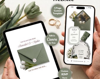 May include: A digital wedding website template displayed on a tablet and smartphone. The design features a sage green color scheme with floral accents, wedding rings, and the text "Wedding Website". The tablet shows an invitation, and the phone displays RSVP details.