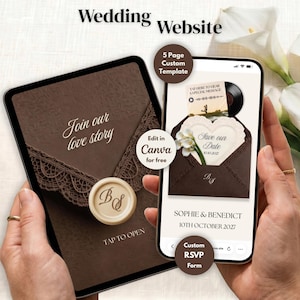 Puede incluir: Una plantilla de sitio web de bodas digital en una tableta y un teléfono inteligente. El diseño presenta un sobre marrón oscuro con borde de encaje, un sello de cera con las iniciales BS y el texto Join our love story, Save our Date y 10.10.2027.