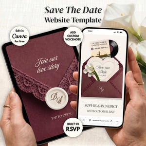 Burgundy Ivory Save the Date Website Template Canva | Digital Wedding Website with Voice Note + RSVP | Lace Envelope