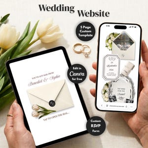 Puede incluir: Plantilla de sitio web de bodas digital que se muestra en una tableta y un teléfono inteligente. El diseño incluye una invitación, un formulario RSVP y el texto "Wedding Website". La plantilla es personalizable en Canva.