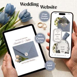 Puede incluir: Una plantilla digital de sitio web de bodas que se muestra en una tableta y un teléfono inteligente. La tableta muestra un diseño de sobre azul con texto, mientras que el teléfono muestra los detalles de RSVP. La imagen incluye anillos de boda y el texto "Wedding Website".