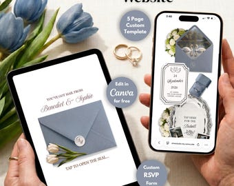 May include: A digital wedding website template displayed on a tablet and smartphone. The tablet shows a blue envelope design with text, while the phone showcases RSVP details. The image includes wedding rings and text that says "Wedding Website".