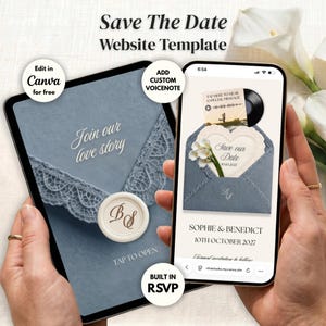 Dusty Blue Save the Date Website Template Canva | Digital Wedding Website with Voice Note + RSVP | Lace Envelope