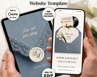 Dusty Blue Save the Date Website Template Canva | Digital Wedding Website with Voice Note + RSVP | Lace Envelope