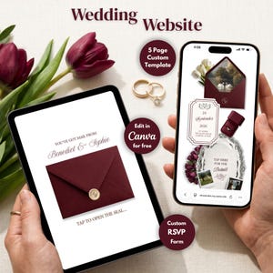 May include: A digital wedding website template displayed on a tablet and smartphone. The design features a claret envelope with a gold seal, wedding rings, and the text "Wedding Website." Additional text includes "5 Page Custom Template" and "Custom RSVP Form."