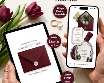 May include: A digital wedding website template displayed on a tablet and smartphone. The design features a burgundy envelope with a gold seal, wedding rings, and the text "Wedding Website." Additional text includes "5 Page Custom Template" and "Custom RSVP Form."