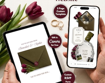 May include: A digital wedding website template displayed on a tablet and smartphone. The tablet shows an olive green envelope with text that reads "You've got mail from Benedict & Sophie." The smartphone displays a wedding invitation. The image also includes text that reads "Wedding Website," "5 Page Custom Template," and "Edit in Canva for free."