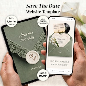 Puede incluir: Una plantilla de sitio web digital Save The Date mostrada en una tableta y un teléfono inteligente. El diseño presenta un sobre verde salvia con borde de encaje, un sello de cera con iniciales BS y texto que dice Join our love story, Sophie & Benedict, 10th October 2027.