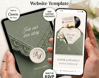 May include: A digital Save The Date website template displayed on a tablet and smartphone. The design features a sage green envelope with lace trim, a wax seal with initials BS, and text reading Join our love story, Sophie & Benedict, 10th October 2027.