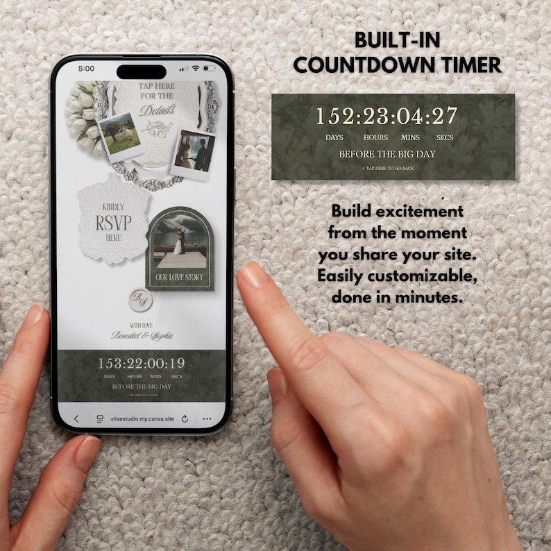 May include: A smartphone screen displays a wedding website template with a countdown timer. The screen shows photos, RSVP details, and the text "Our Love Story." The countdown reads 152 days, 23 hours, 4 minutes, and 27 seconds. The text reads "Build excitement from the moment you share your site."