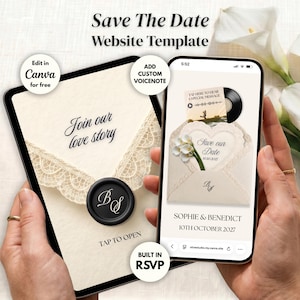 Ivory Black Save the Date Website Template Canva | Digital Wedding Website with Voice Note + RSVP | Lace Envelope