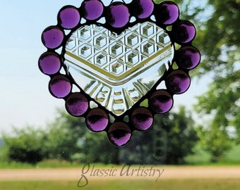 Stained Glass Heart Suncatcher Vintage Glass Heart Ornament Purple Love Gift For Her Recycled Glass Heart Glass Nugget Heart