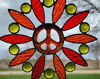 Peace Suncatcher Leaded Glass Suncatcher Stained Glass Peace Suncatcher Peace Symbol Suncatcher Hippie Suncatcher Hippie Decor Red Orange