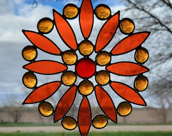 Stained Glass Suncatcher Leaded Glass Suncatcher Orange Flower Suncatcher Leaded Stained Glass Suncatcher Window Art Hippie Suncatcher Gift