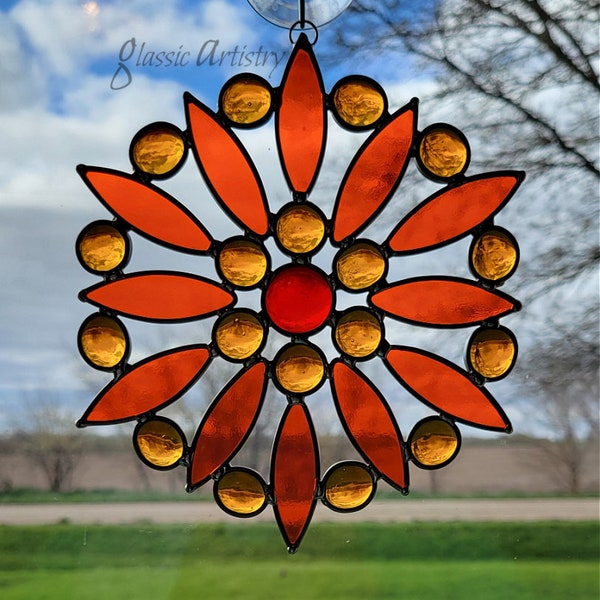 Stained Glass Suncatcher Leaded Glass Suncatcher Orange Flower Suncatcher Leaded Stained Glass Suncatcher Window Art Hippie Suncatcher Gift