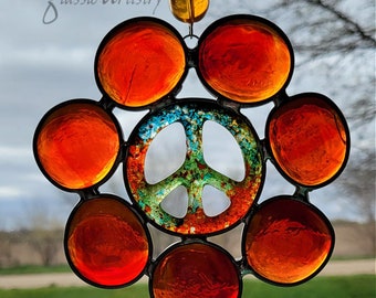 Peace Suncatcher Leaded Stained Glass Suncatcher Leaded Glass Suncatcher Red Orange Hippie Suncatcher Hippie Decor Peace Symbol Suncatcher