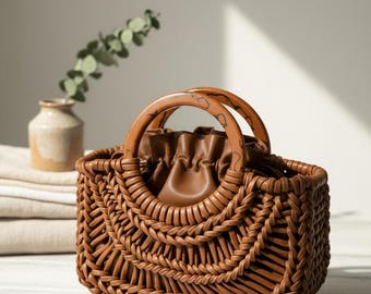Bolso de piel vegana marrón tejido a mano / Bolso estilo bohemio con asas redondas / Bolso tote tejido a mano de Hayat Knots