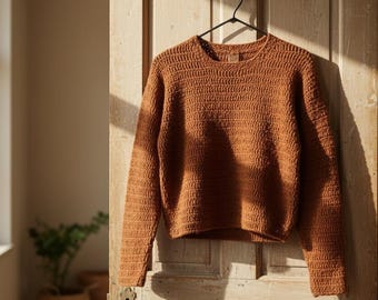 Mönster för virkad tröja för nybörjare i PDF-format | Enkel handledning för tröja uppifrån och ner, modern minimalistisk tröja, gör-det-själv-virkmönster för kvinnor