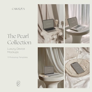 Puede incluir: Plantillas de maqueta de la colección Pearl con un portátil y un smartphone. La imagen muestra un portátil sobre un pedestal, un smartphone sobre un plato y el texto "The Pearl Collection" y "Luxury Device Mockups".