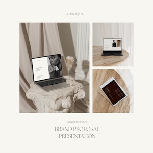 May include: A Canva brand proposal presentation template featuring a laptop displaying a page with the text ORVIENNE, a champagne flute filled with pearls, and a tablet showing a dark slide, all arranged on a stone pedestal and table.