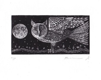 Moonlit Owl — hand-pulled etching, mysterious night scene with an owl and the moon