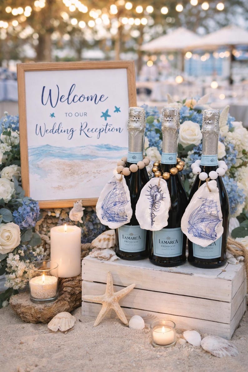 Decoupage Oyster Shell Wine Charm With Ships and Shells. Wedding ...