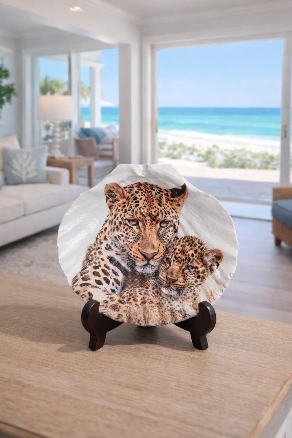 Extra Large Scallop Shell. Handmade Coastal Art, Leopard and Cub. - Etsy
