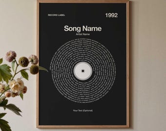 Custom Vinyl Lyrics Print | Framed Song Poster, Music Gift, X-Large Black and White Art