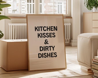 Funny Quote Wall Art | Framed Matte Paper Print | Typography Poster | Kitchen Kisses And Dirty Dishes
