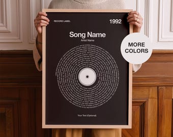 May include: A rectangular black poster in a light wood frame featuring white text that reads Record Label, 1992, Song Name, Artist Name, and Your Text (Optional). A circular graphic resembling a vinyl record contains white text.