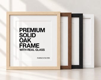 Square Solid American Oak Picture Frame, Real Glass, Removable Mat, Natural Walnut Black White, Crafted in USA