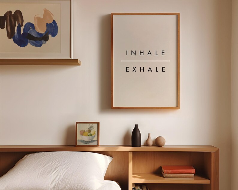 Inhale Exhale Print, Minimalist Typography Poster | Archival Matte Paper | Solid Oak Frame Options, Multiple Sizes imagem 6