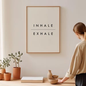 Inhale Exhale Print, Minimalist Typography Poster | Archival Matte Paper | Solid Oak Frame Options, Multiple Sizes imagem 3