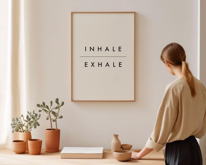 Inhale Exhale Print, Minimalist Typography Poster | Archival Matte Paper | Solid Oak Frame Options, Multiple Sizes imagem 3