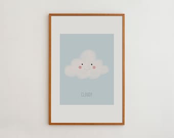 Cloudy Kids Print Nursery Room Poster Hand-Drawn Watercolor Painting Cloud Wall Art Print Gift For Kids Physically Printed Product